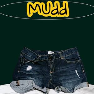 Mudd Women's Size 15 Distressed Denim Shorts Dark Wash Cuffed Hem Stretch